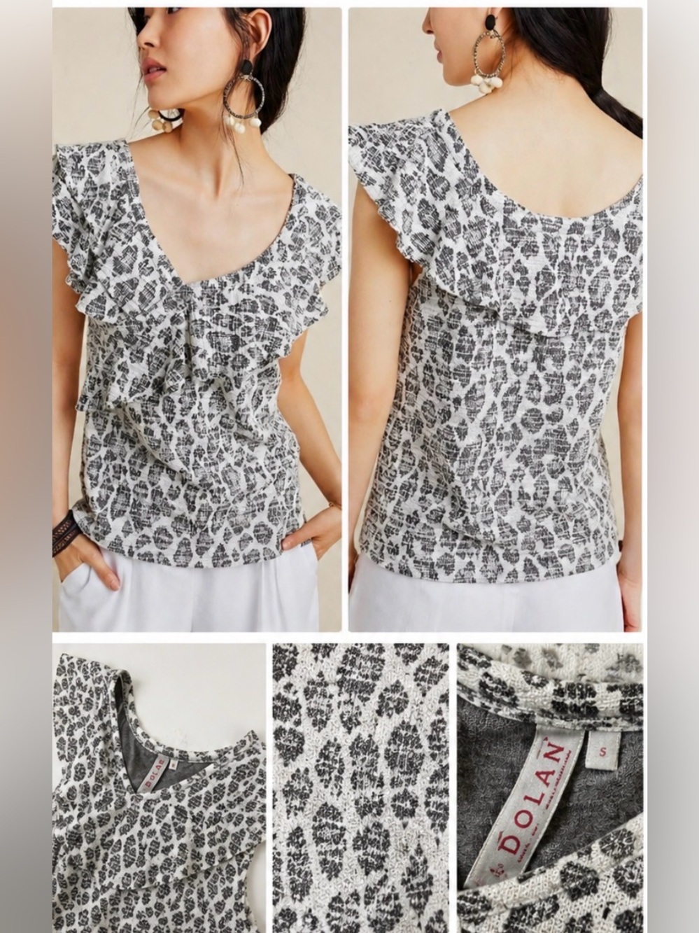 Dolan‎ Anthropologie Savannah Leopard Print Ruffle Top Black White Size Small